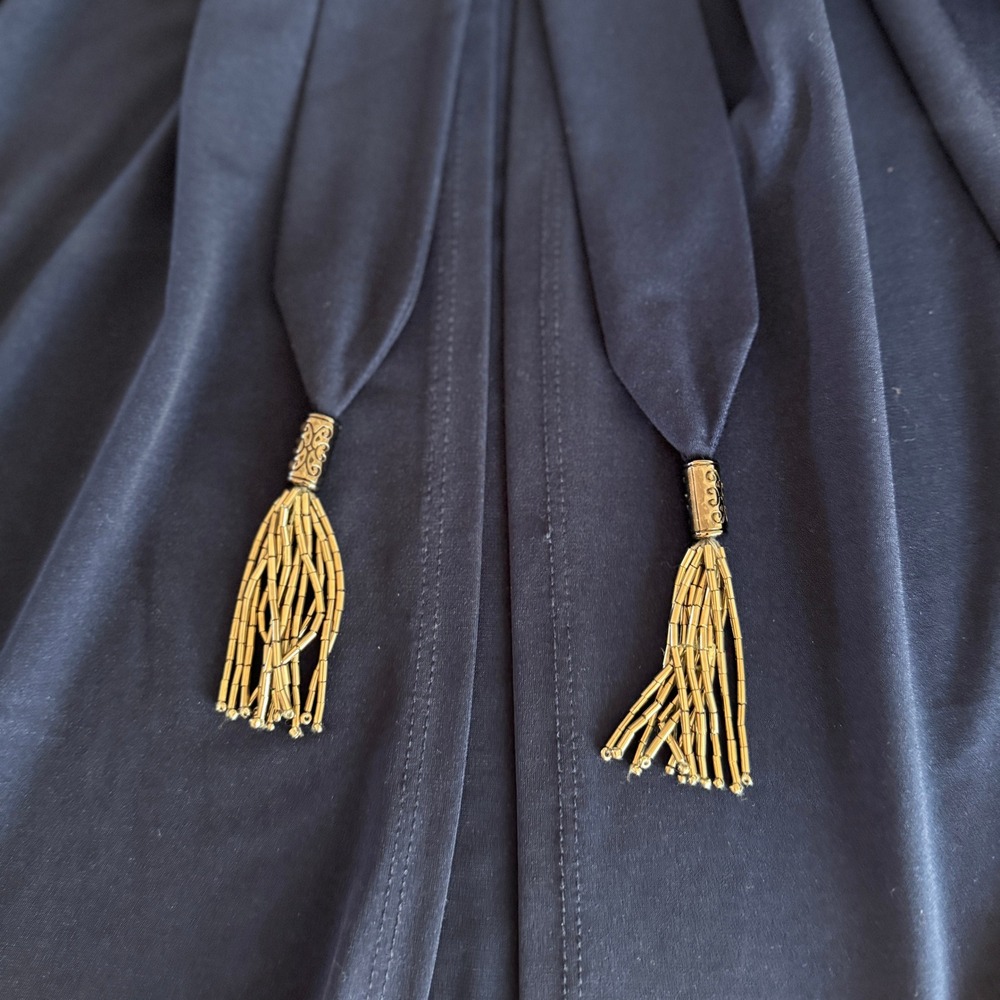 Susan Graver Womens Medium Cardigan Navy Blue Open Front Tassel Knit Boho Chic - Picture 8 of 10